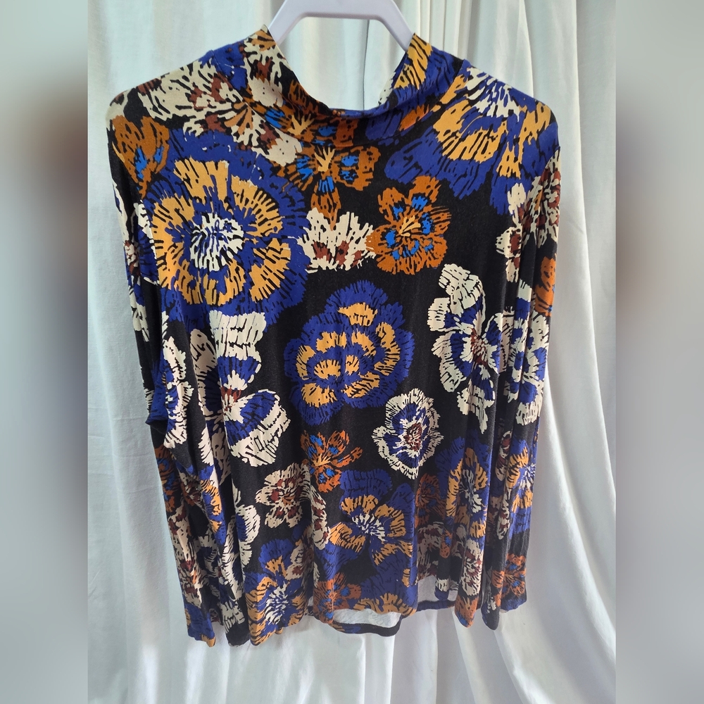 IMAN Black Floral Print Mock Neck Long Sleeve Top